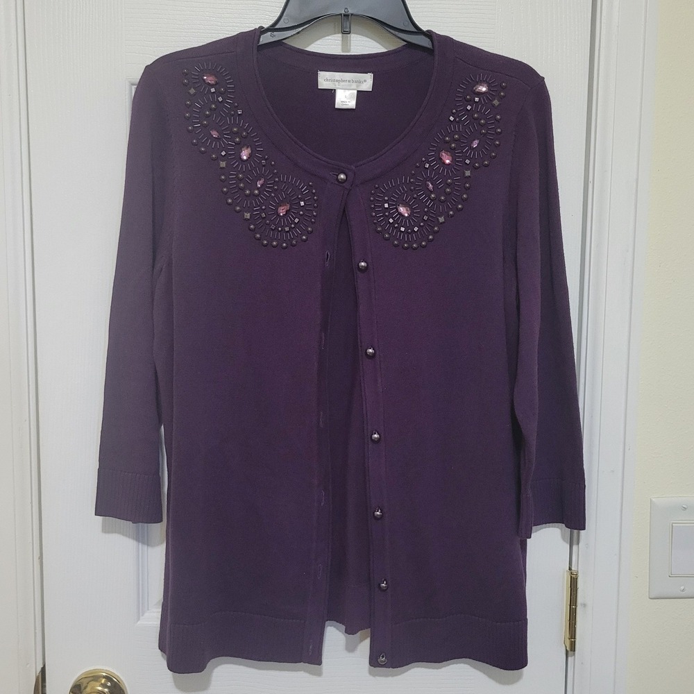 Christopher & Banks Purple Beaded‎ Rhinestone Cardigan Sweater Large 100% Cotton